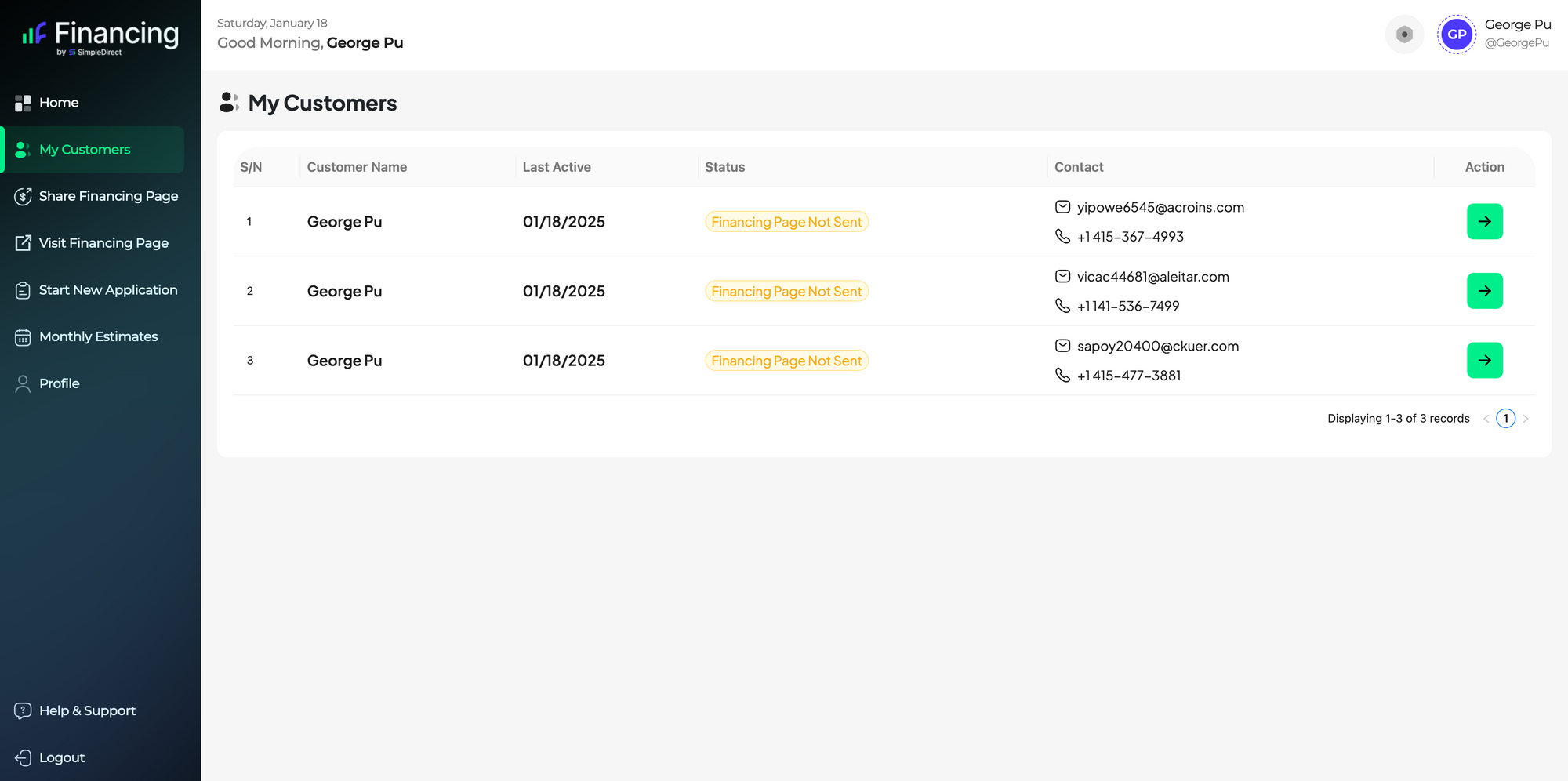 SimpleDirect Financing's 'My Customers' feature where you can see a list of your customers